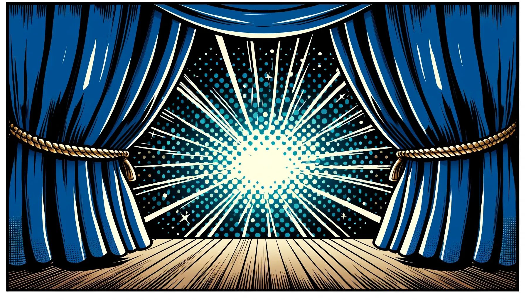 Stage curtains revealing a burst of light.