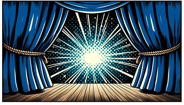 Stage curtains revealing a burst of light.