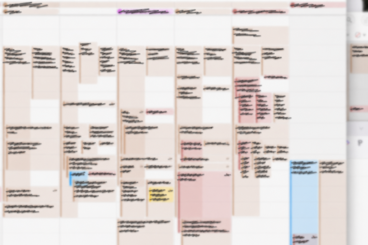 fuzzy screengrab of a calendar with everything in it redacted. it's a packed calendar.