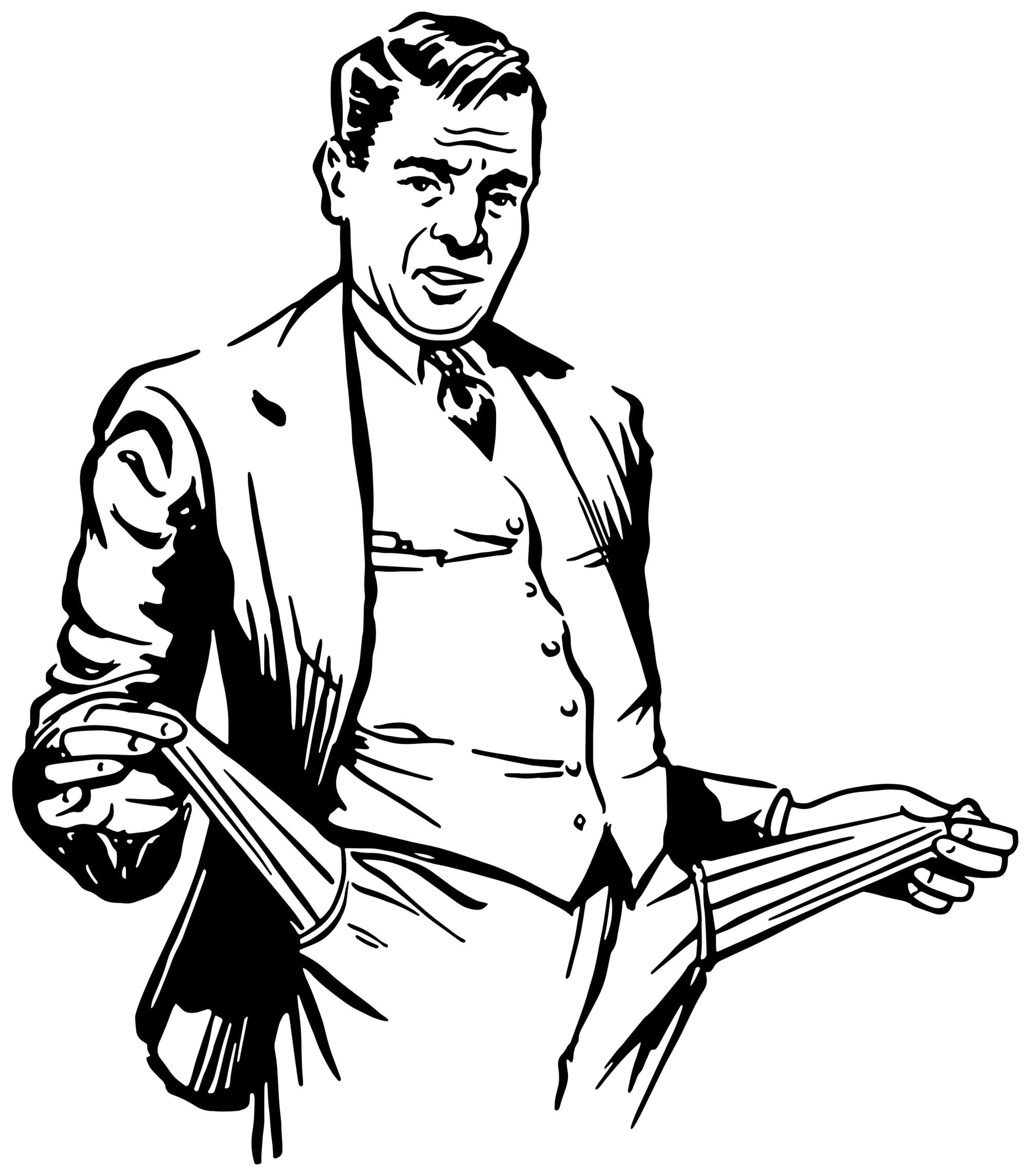 line art of some guy from maybe 1957 with brillcream hair and a three piece suit showing off empty trouser pockets