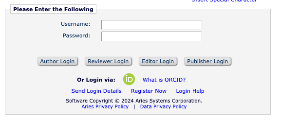 login screen for manuscript submission and review