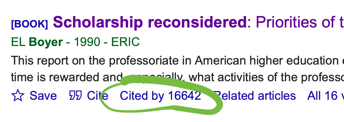 citation for Boyer EL 1990 Scholarship Reconsidered with 16642 citations.