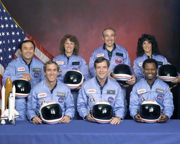 The crew of mission STS-51L: Francis R. Scobee, Michael J. Smith, Judith A. Resnik, Ellison S. Onizuka, Ronald E. McNair, Gregory B. Jarvis and Sharon Christa McAuliffe.  Image from NASA