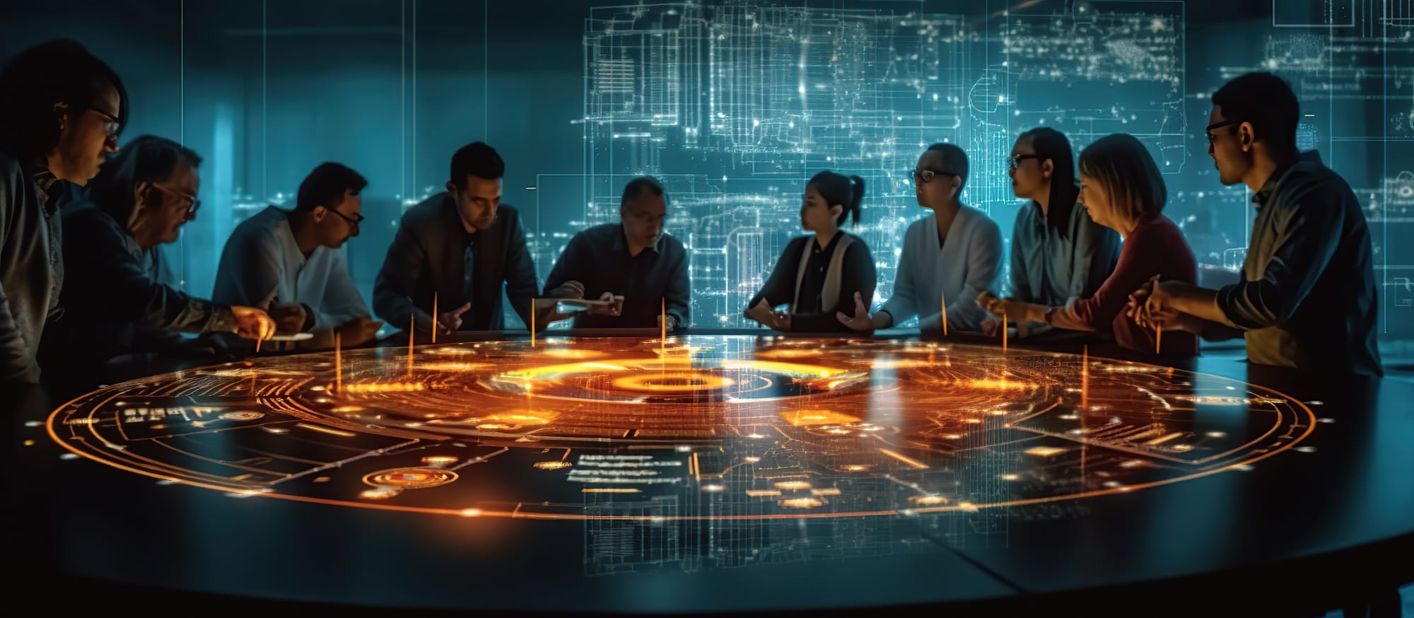 an absurd scene that looks like from a sci-fi movie with several people around a circular table with lit-up digital doodads on it