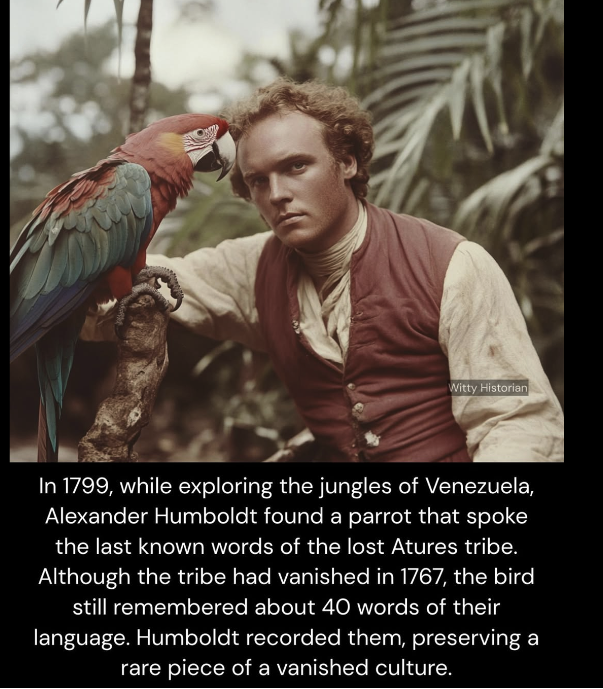 A sepia-toned image that looks very much like a photograph, convincingly so, of a white guy who vaguely resembles Alexander von Humboldt, hanging out with a parrot in a tropical forest. The caption says it is from 1799.