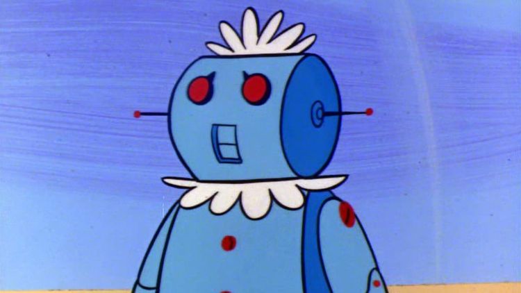 Rosie the robot, from the Jetsons. She's blue, is their maid, has a white collar and head thingey. And is a cartoon robot.