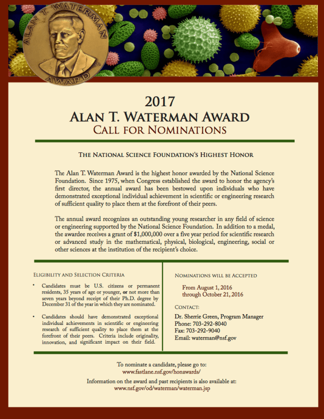 Let’s nominate folks for NSF’s Waterman award, including women