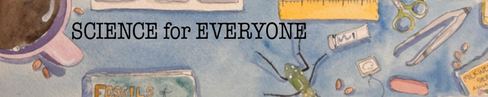 it just says science for everything, on a watercolor background of science doodads like coffee, scissorcs, forceps, rulers, plant seeds, etc.