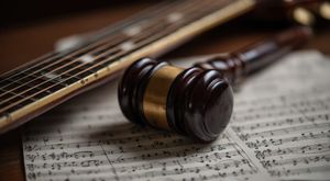 A gavel resting on sheet music next to a guitar, representing copyright law and the legality of free sheet music