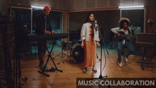 text: music collaboration; image: three people in a studio