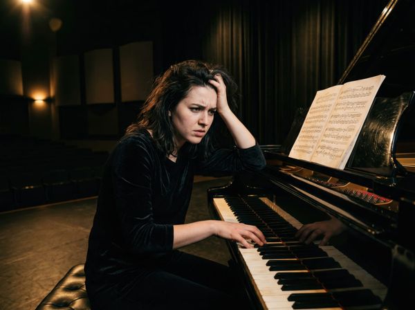 Frustrated pianist sitting at a piano with sheet music, illustrating the confusion caused by inaccurate free sheet music