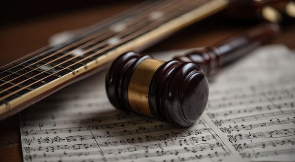 A gavel resting on sheet music next to a guitar, representing copyright law and the legality of free sheet music