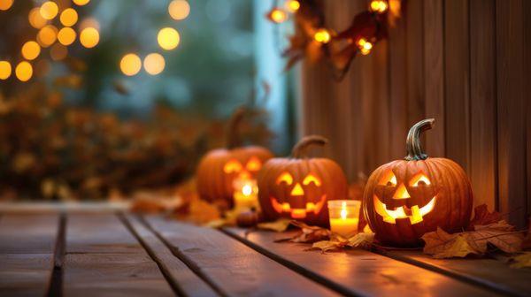 Jack-o-lanterns on a fall evening