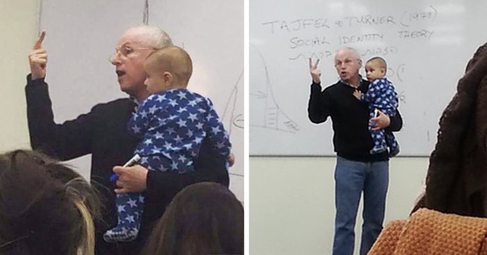   Professor Sydney Engelberg teaching with a baby in his arms.   