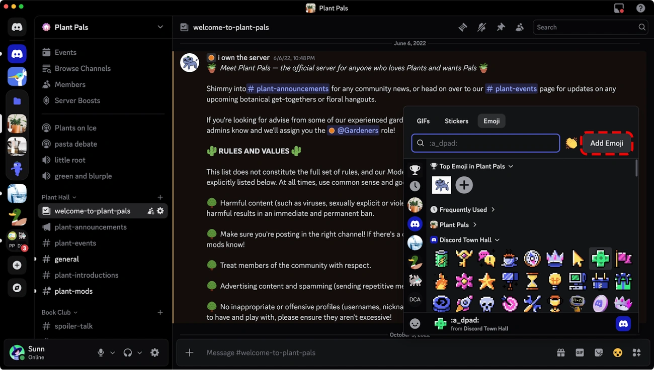 Discord server interface showing how to add custom emojis in the emoji picker menu on the Plant Pals server.