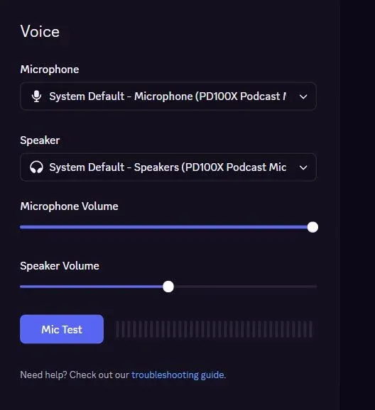 Discord Voice settings with the Mic Test button