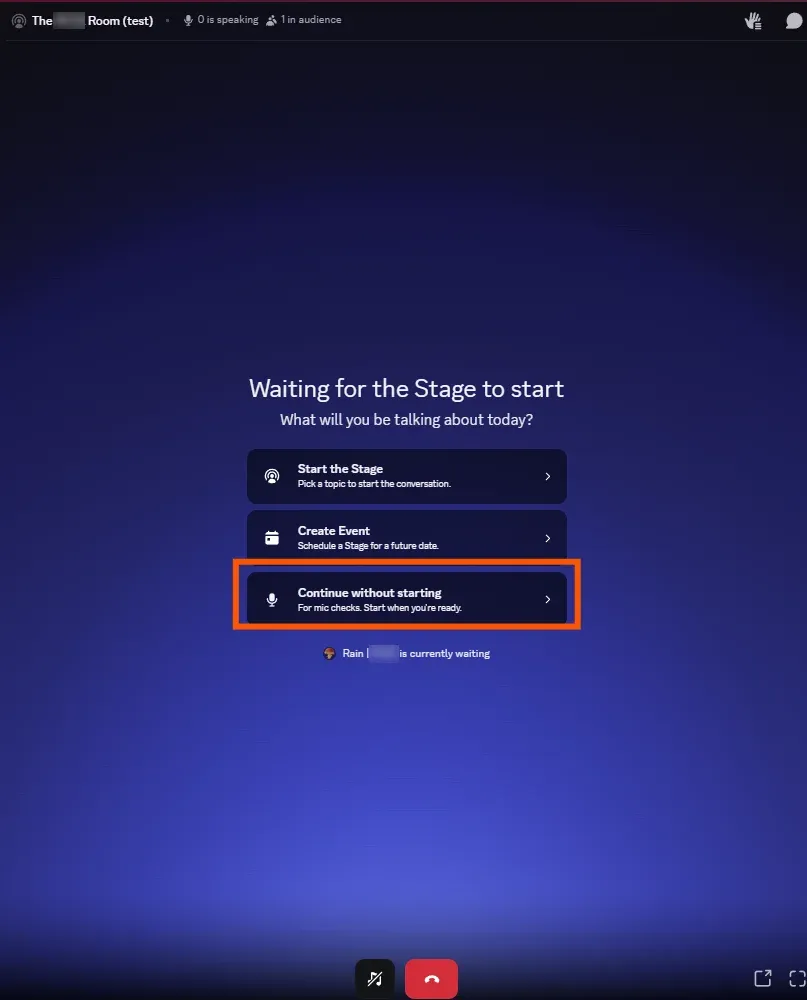 Discord Stage waiting screen with Continue without starting highlighted