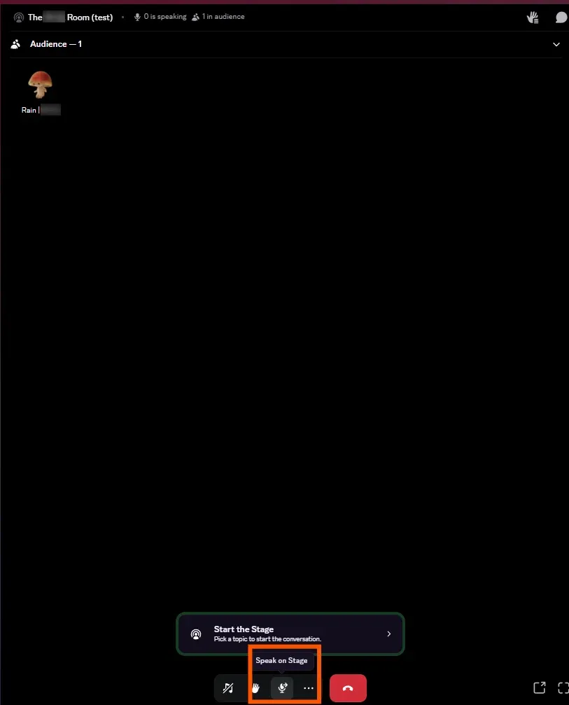 Discord Stage controls with the Speak on Stage button highlighted
