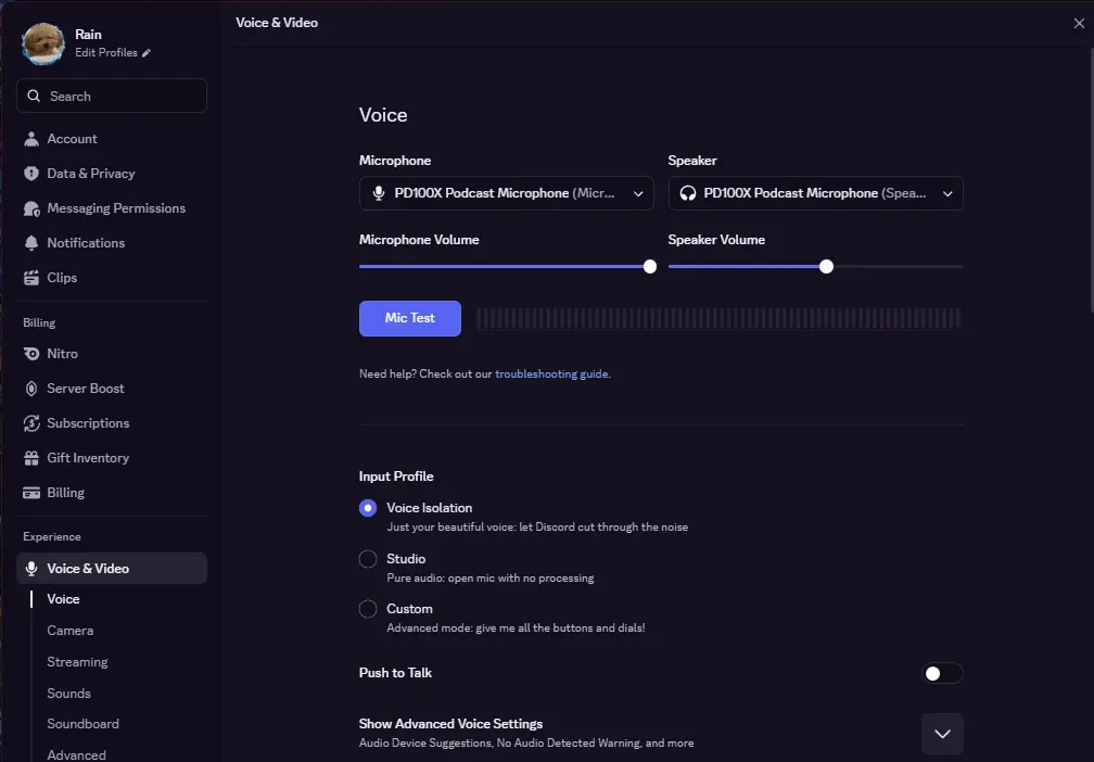 Discord User Settings Voice and Video page showing Microphone and Speaker device selectors