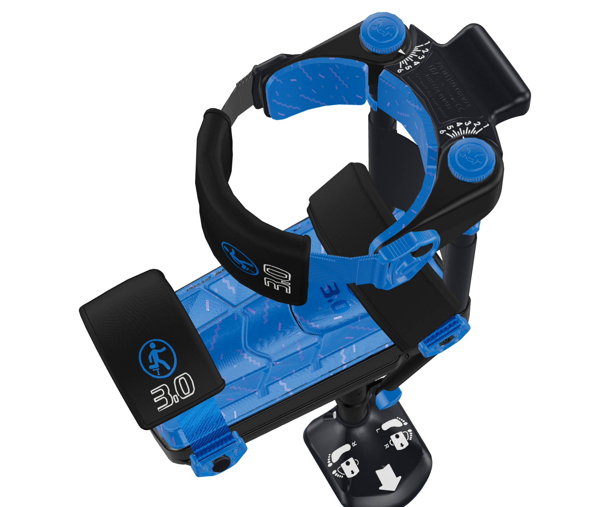 A 3D rendering of the iWalkFree from the top at an angle, showing the strap and thigh adjustment system.