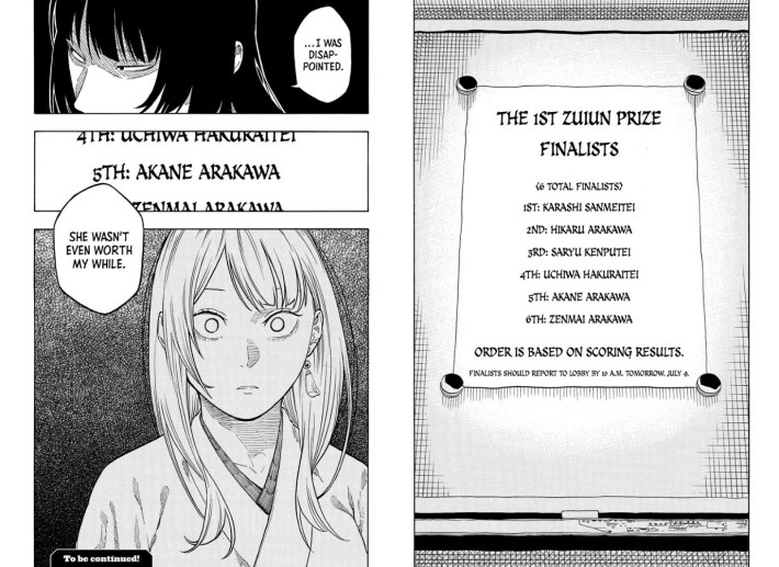 Akane-banashi manga panel of Akane learning she didn't win the rakugo tournament. 