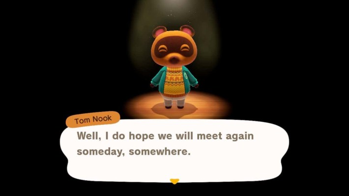 Animal Crossing: New Horizon's screenshot of Tom Nook saying goodbye.