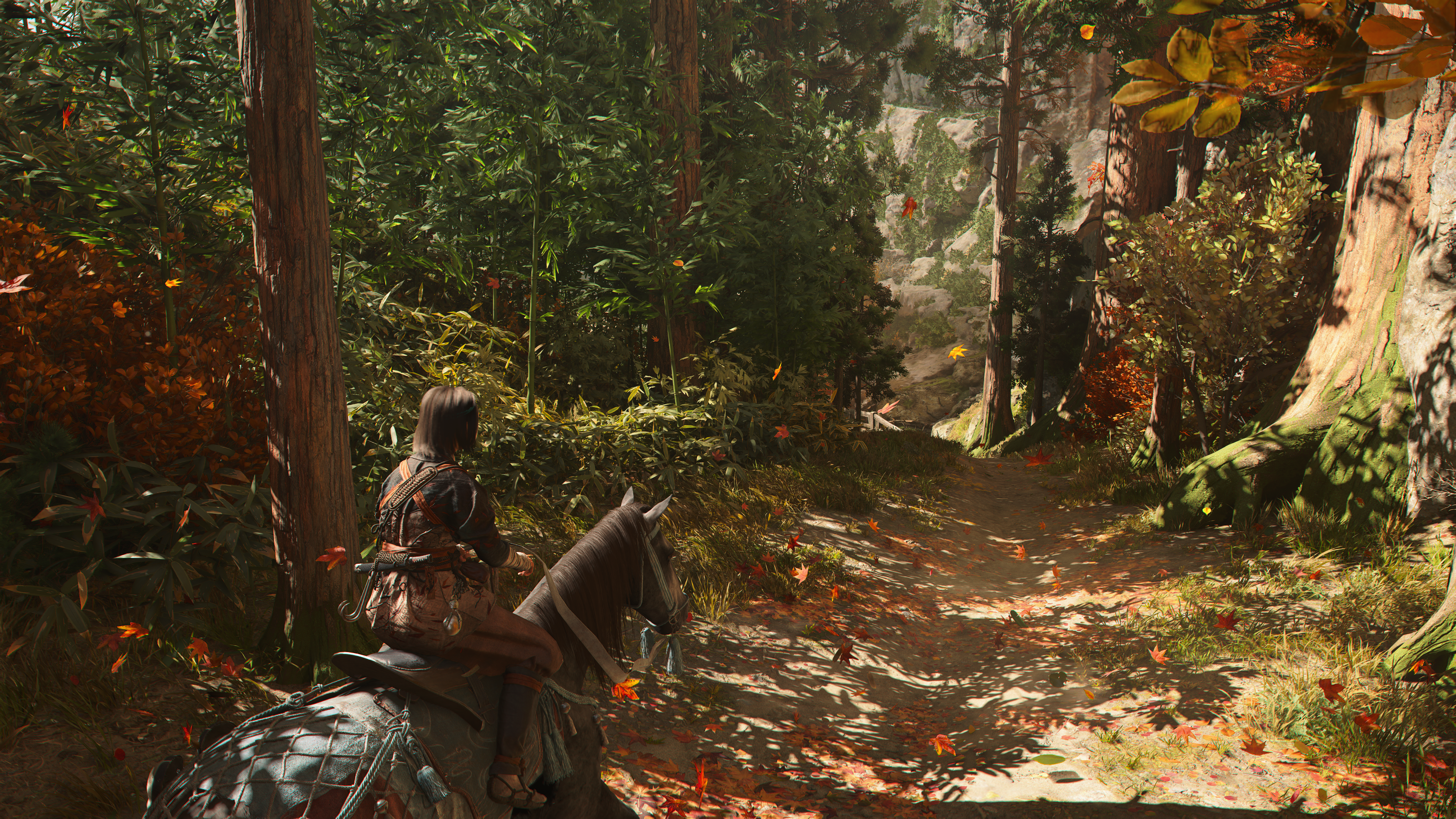 A screenshot from Assassin's Creed Shadows where Naoe is flipping through a narrow road in fall.