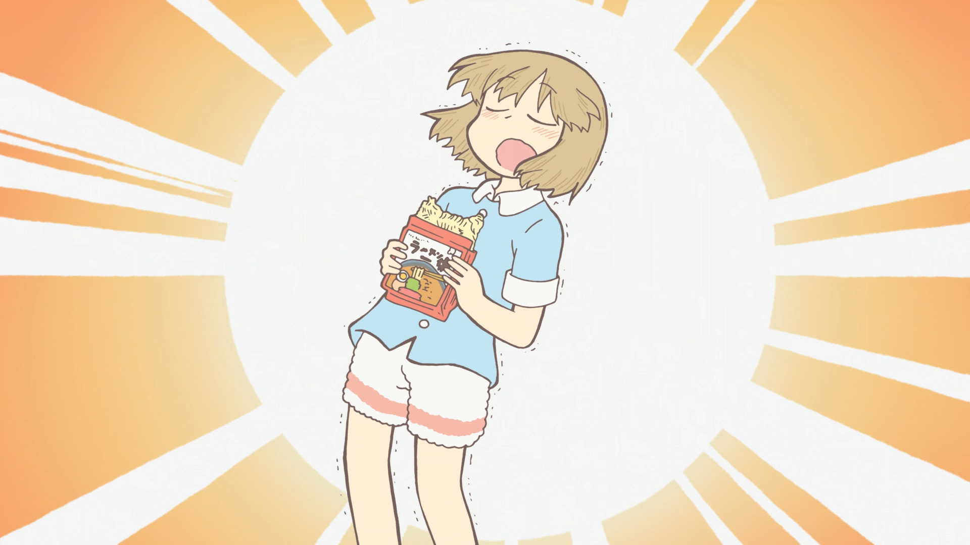 A still where Niikura experiences sublime bliss from eating a block of uncooked ramen late at night. 