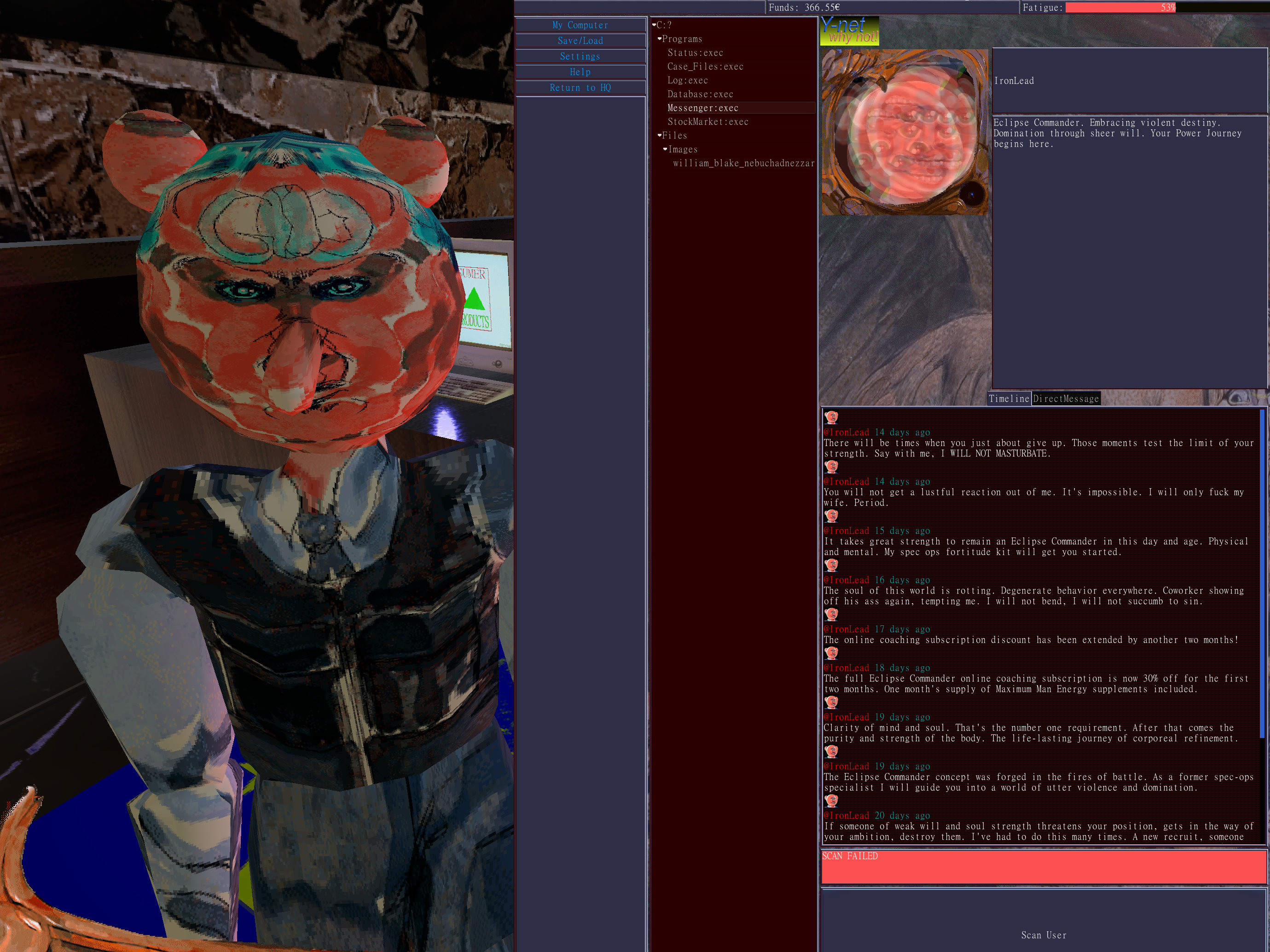 Your coworker next to his Y-Net feed. 
<p>Profile:</p>
<p>IronLead<br>
Eclipse Commander. Embracing violent destiny.<br>
Domination through sheer will, Your Power Journey begins here.</p>
<p>Timeline:</p>
<p>@IronLead 14 days ago<br>
There will be times when you just about give up. Those moments test the limit of your strength. Say with me, I WILL NOT MASTURBATE.</p>
<p>@Ironlead 14 days ago</p>
<p>You will not get a lustful reaction out of me. It's impossible. I will only fuck my wife. Period.</p>
<p>@Ironlead 15 days ago<br>
It takes great strength to remain an Eclipse Commander in this day and age. Physical fortitude kit will get you started.</p>
<p>@Ironlead 16 days ago<br>
The soul of this world is rotting. Degenerate behavior everywhere. Coworker showing off his ass again, tempting me. I will not bend, I will not succumb to sin.</p>
<p>@Ironlead 17 days ago</p>
<p>The online coaching subscription discount has been extended by another two months!</p>
<p>@Ironlead 18 days ago</p>
<p>The full Eclipse Commander online coaching subscription is now 30% off for the first two months. One month's supply of Maximum Man Energy supplements included.</p>
<p>@Ironlead 19 days ago<br>
Clarity of mind and soul. That's the number one requirement. After that comes the purity and strength of the body. The life-lasting journey of corporeal refinement.</p>
<p>@Ironlead 19 days ago<br>
The Eclipse Commander concept was forged in the fires of battle. As a former spec-ops specialist I will guide you into a world of utter violence and domination.</p>
<p>@Ironlead 20 days ago<br>
If someone of weak will and soul strength threatens your position, gets in the way of your ambition, destroy them. L've had to do this many times. A new recruit, someone..." class="wp-image-11261"><figcaption class=