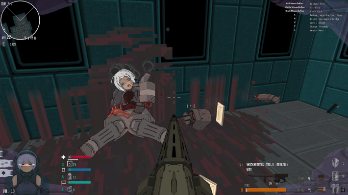 An anime style character in power armor with its guts hanging out.