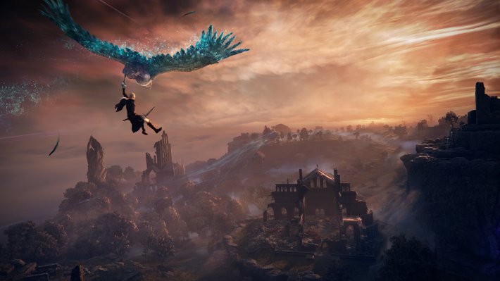 A character holds the tail of a mystical hawk in Elden Ring Neightreign, while they overlook a condensed version of The Lands Below.