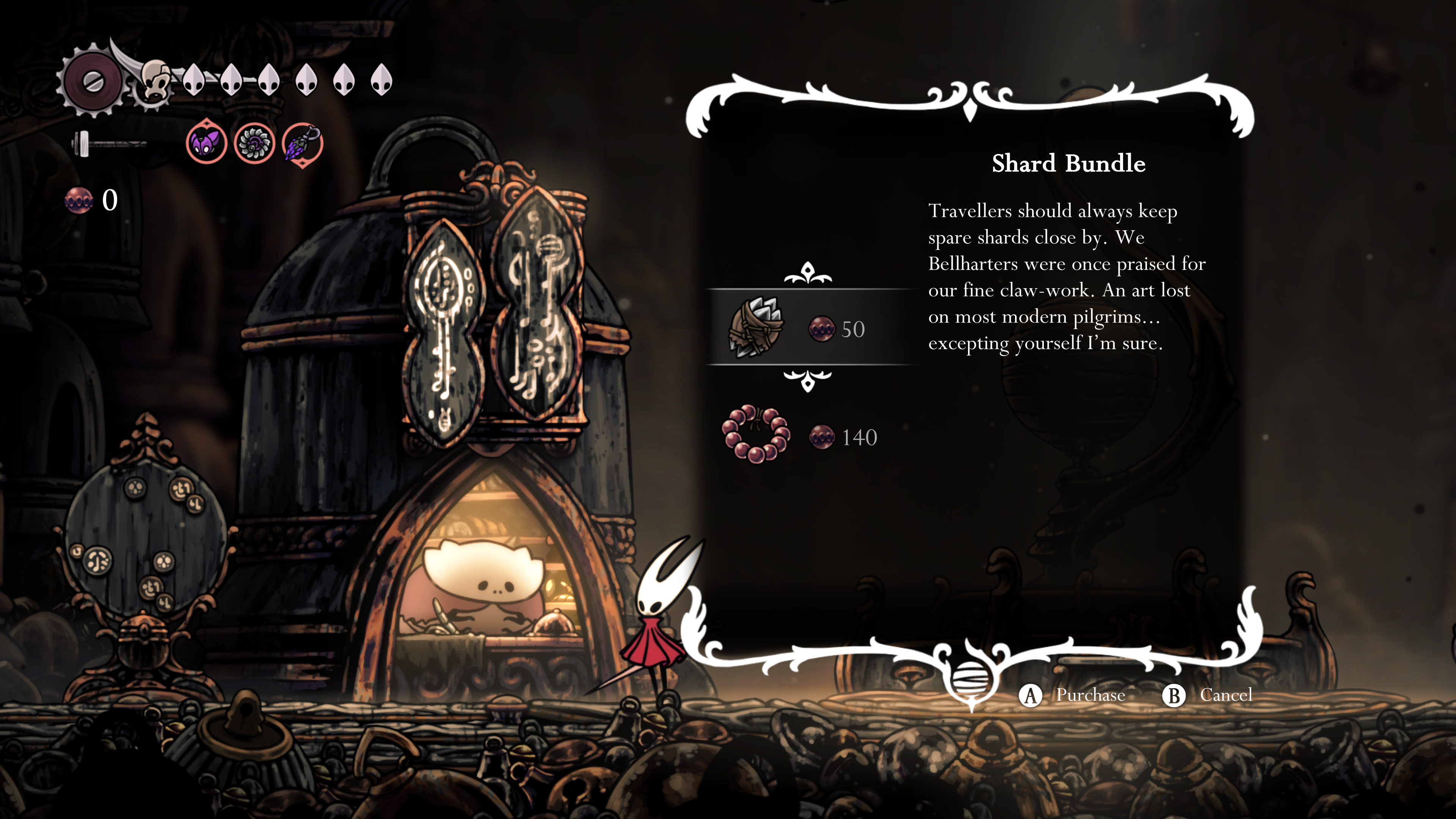 A silksong vendor. You can see a description for a shard bundle, which costs 50 rosaries. 