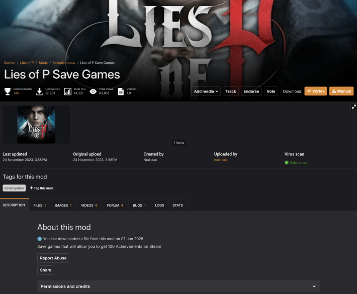 A screenshot of a Nexusmods page showing someone's very nicely curated save file.
