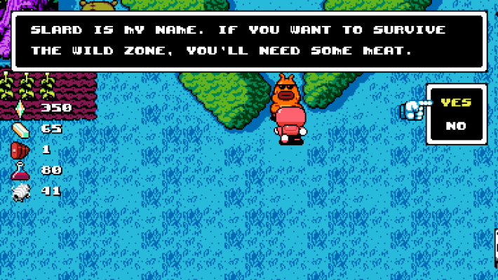 An NPC saying "Slard is my name. If you want to survive The Wild Zone, you'll need some meat." Menu says: -Yes -No