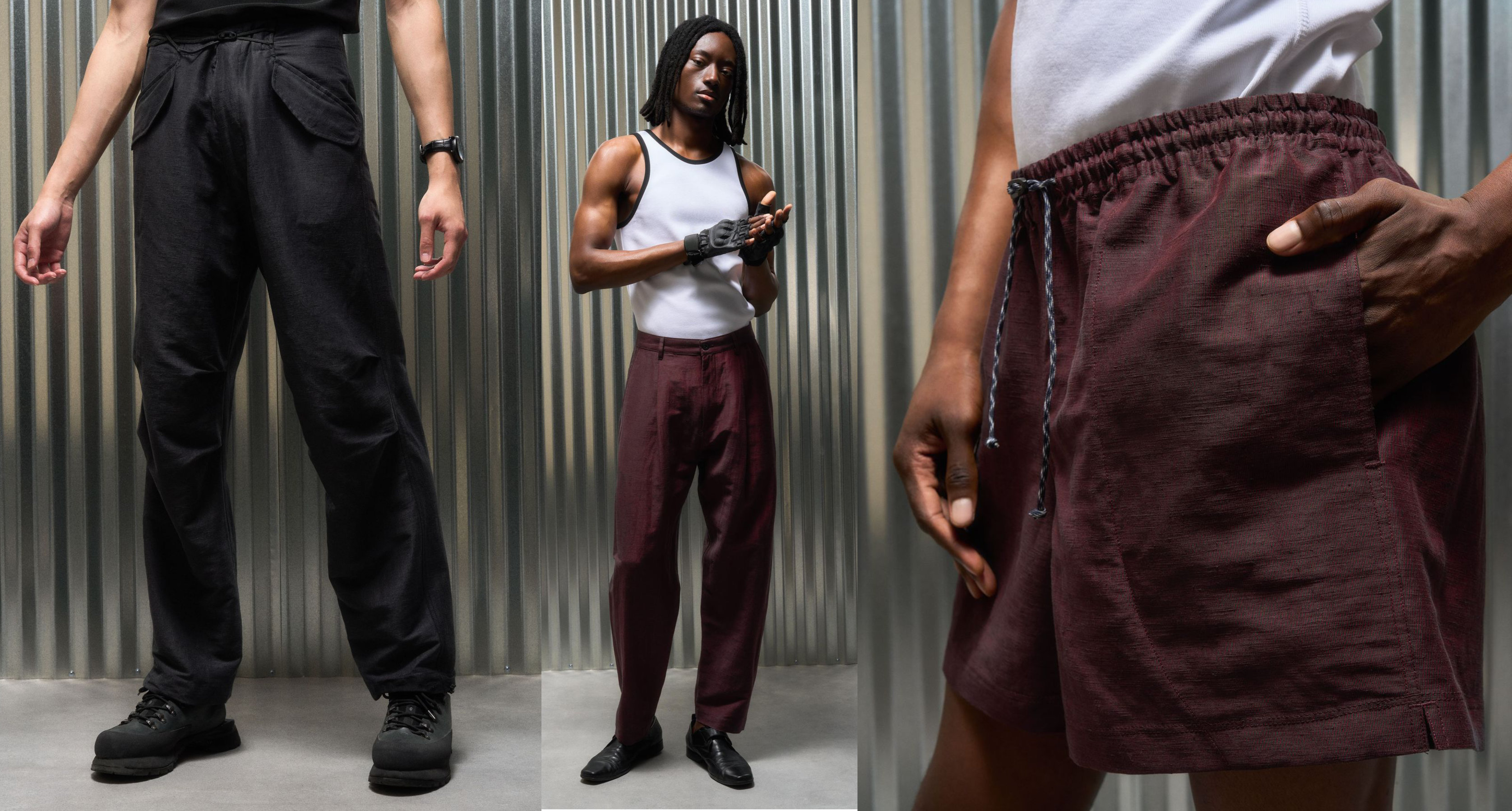 Male models wearing injected linen pants.