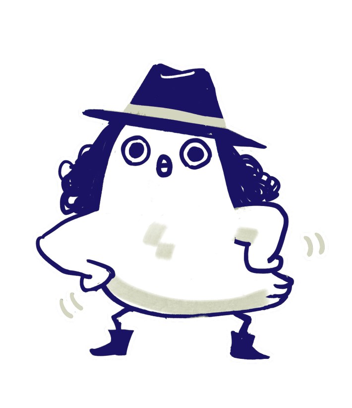 Kamome Shirahama head shot of a chicken with a witch's hat dancing with its hands on its hips.