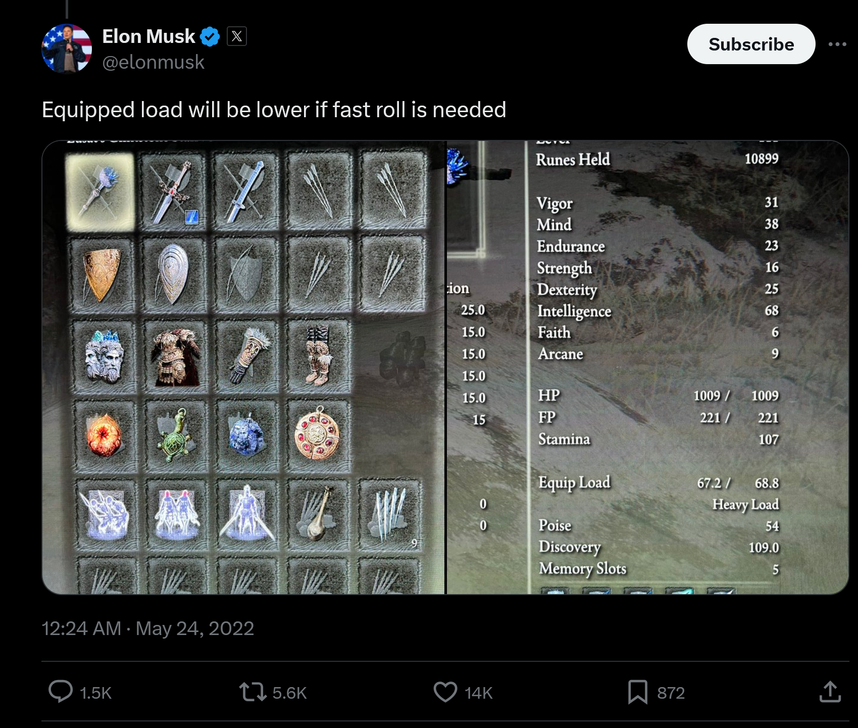 Elon musk's Elden Ring build, he appears to be fat rolling with two medium shields with similar stats. "Equipped load will be lower if fast roll is needed" he says. It's a really bad build.
