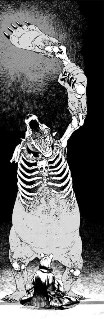 A giant skeleton towering over Ursula gearing up for an attack.