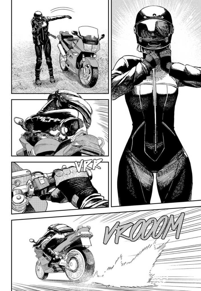 Ursula zipping up a jumpsuit before revving away on a motorcycle.