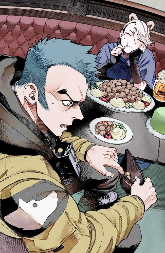 Ursula grinning in front of a pile of food as Ralf looks on in horror at his emaciated wallet.