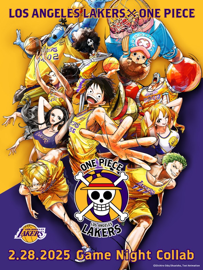 Los Angeles Lakers One Piece collaborative poster of the Straw Hats wearing basketball jerseys.