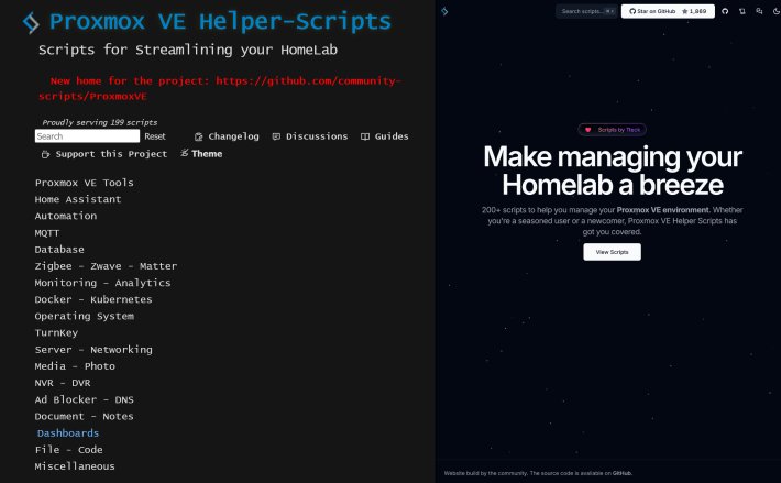 A side-by-side showing the old Proxmox helper scripts repo as well as the new one. 