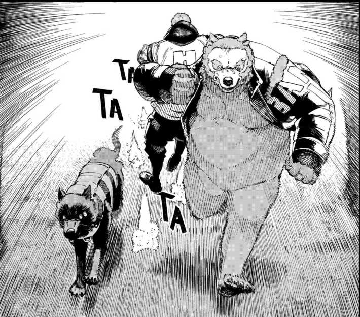 Bear-form Ursula carrying Ralf away from danger.