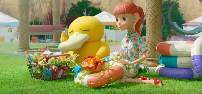 Psyduck, listening to a seashell and looking like he's at peace.