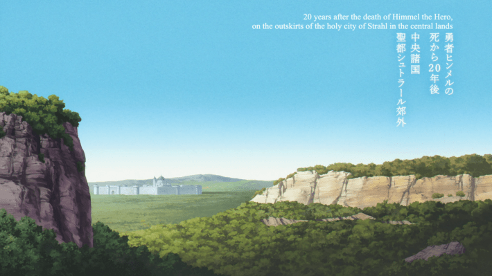 A wide establishing shot that says "20 years after Himmel the Hero, on the outskirts of the holy city of Strahl in the central lands."
