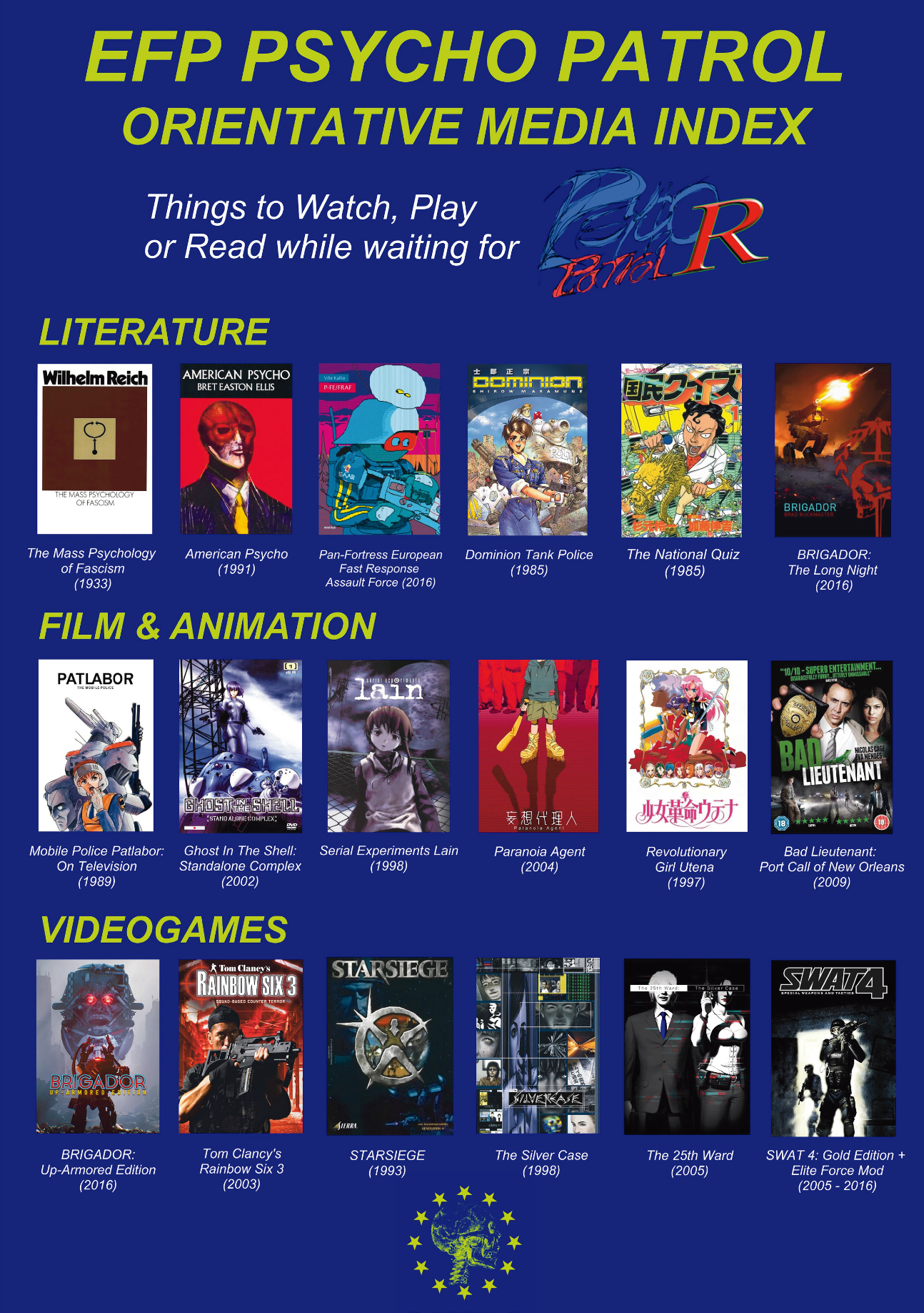 A reading list they curated for Psycho Patrol R. Several anime, novels, manga, movies and games are present. 