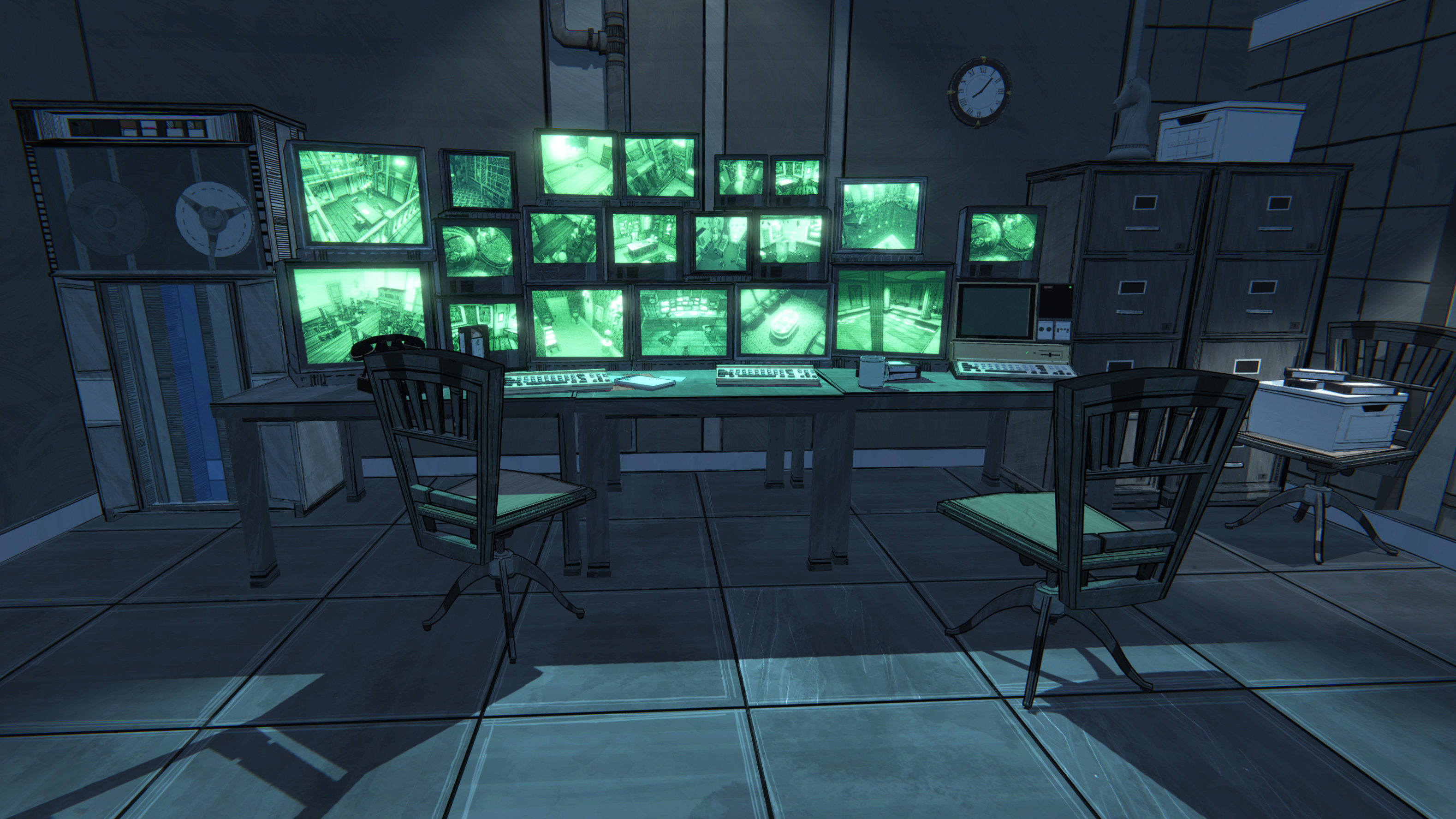 A screenshot of the security room in Blue Prince.