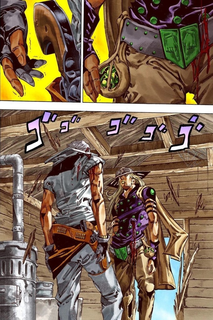 JoJo's Bizarre Adventure's Rio and Gyro dueling inside a log cabin. 