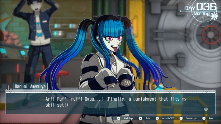 Daruami doing a weird dog thing and barking while saying she wants to do a killing game.