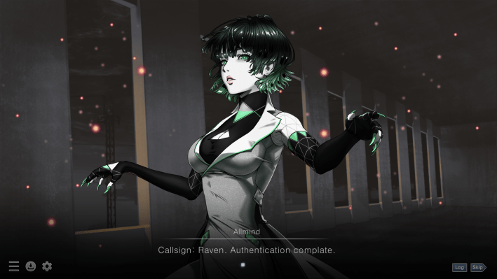 A screenshot from Amoured Core, the Armored Core 6 dating sim. In this screenshot is Allmind, represented by a woman in a green and white wrap dress, striking green eyes, green streaks in her hair and long green nails.